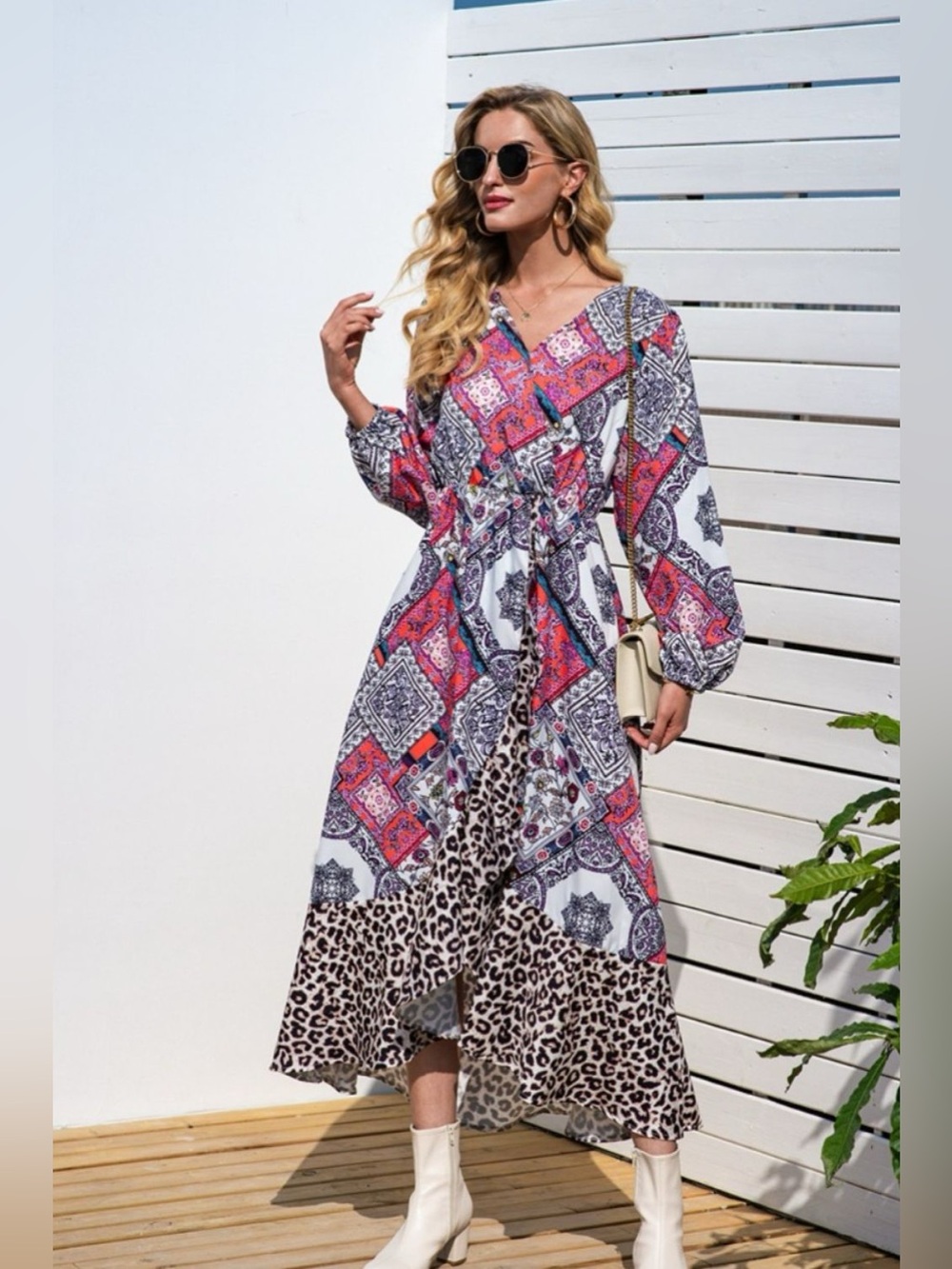 Leopard Ruffle Trim V-Neck Printed Dress - Picture 3 of 6